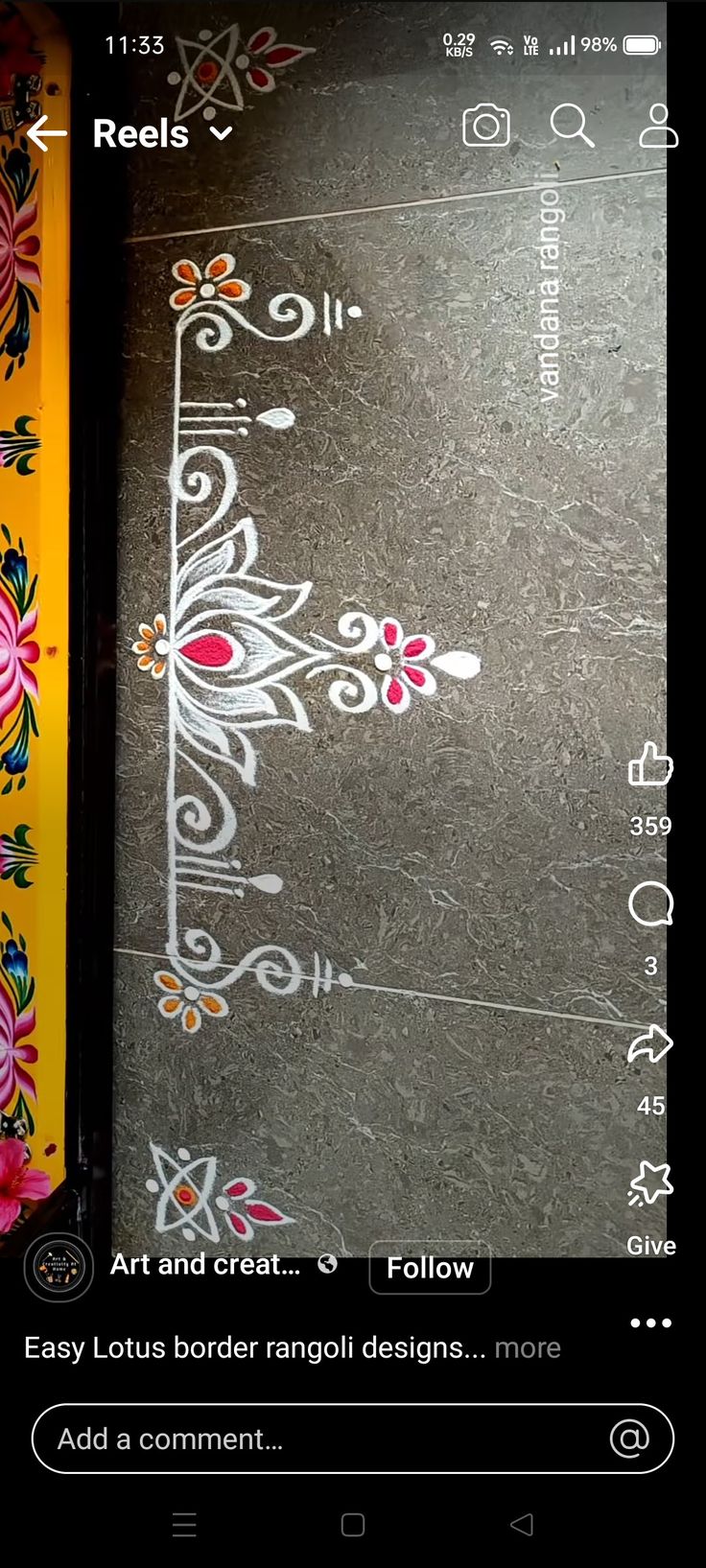 an image of the back side of a cell phone with text on it that reads, art and crafts follow easy lotus border rangoli designs more add a comment