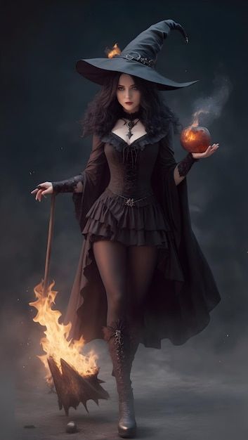 a woman dressed as a witch holding an apple in her hand while standing next to a fire