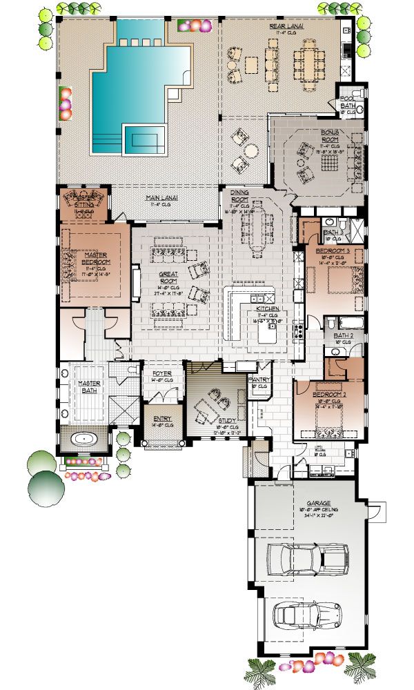 a floor plan for a house with an indoor swimming pool and hot tub in the middle