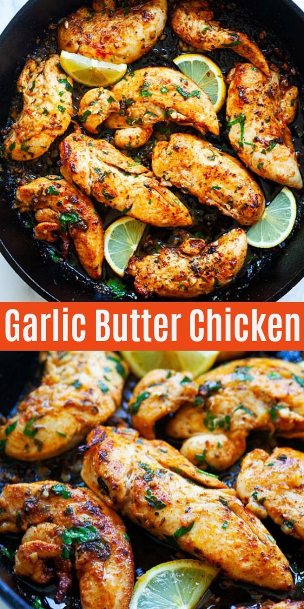 grilled garlic butter chicken in a skillet with lemon wedges and parsley