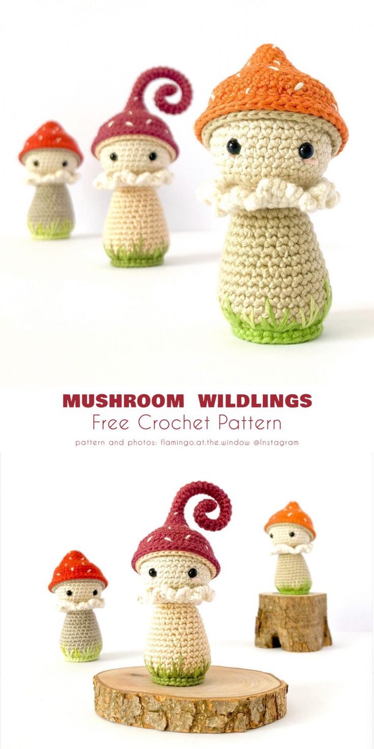 three crocheted mushrooms sitting on top of a tree stump with text overlay that says, mushroom wildlings free crochet pattern