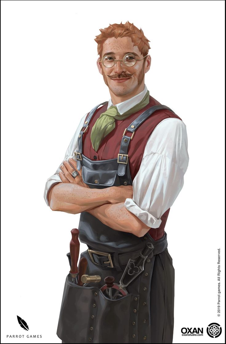 a painting of a man with glasses and a mustache wearing an apron, holding his arms crossed