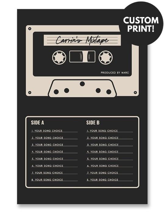 an old school cassette poster with the words custom print on it and a black background