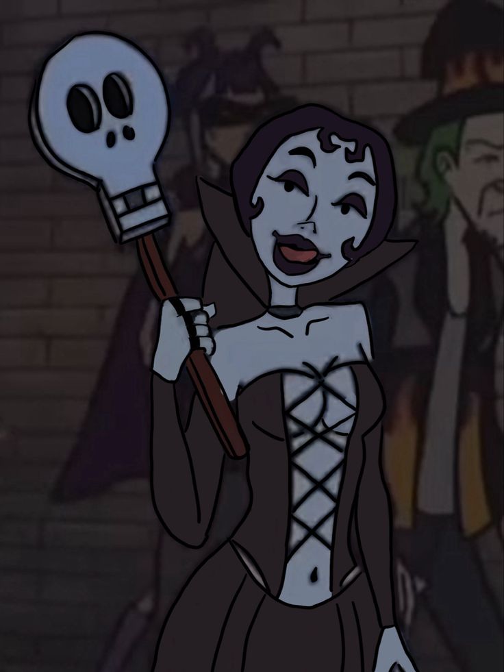 a cartoon character with a skeleton on her head holding a stick and wearing a costume