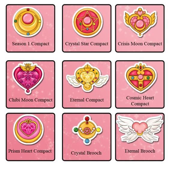 the sailor moon badges are all in different shapes and sizes