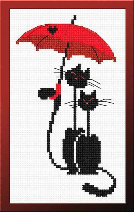 a cross stitch picture with a cat holding an umbrella