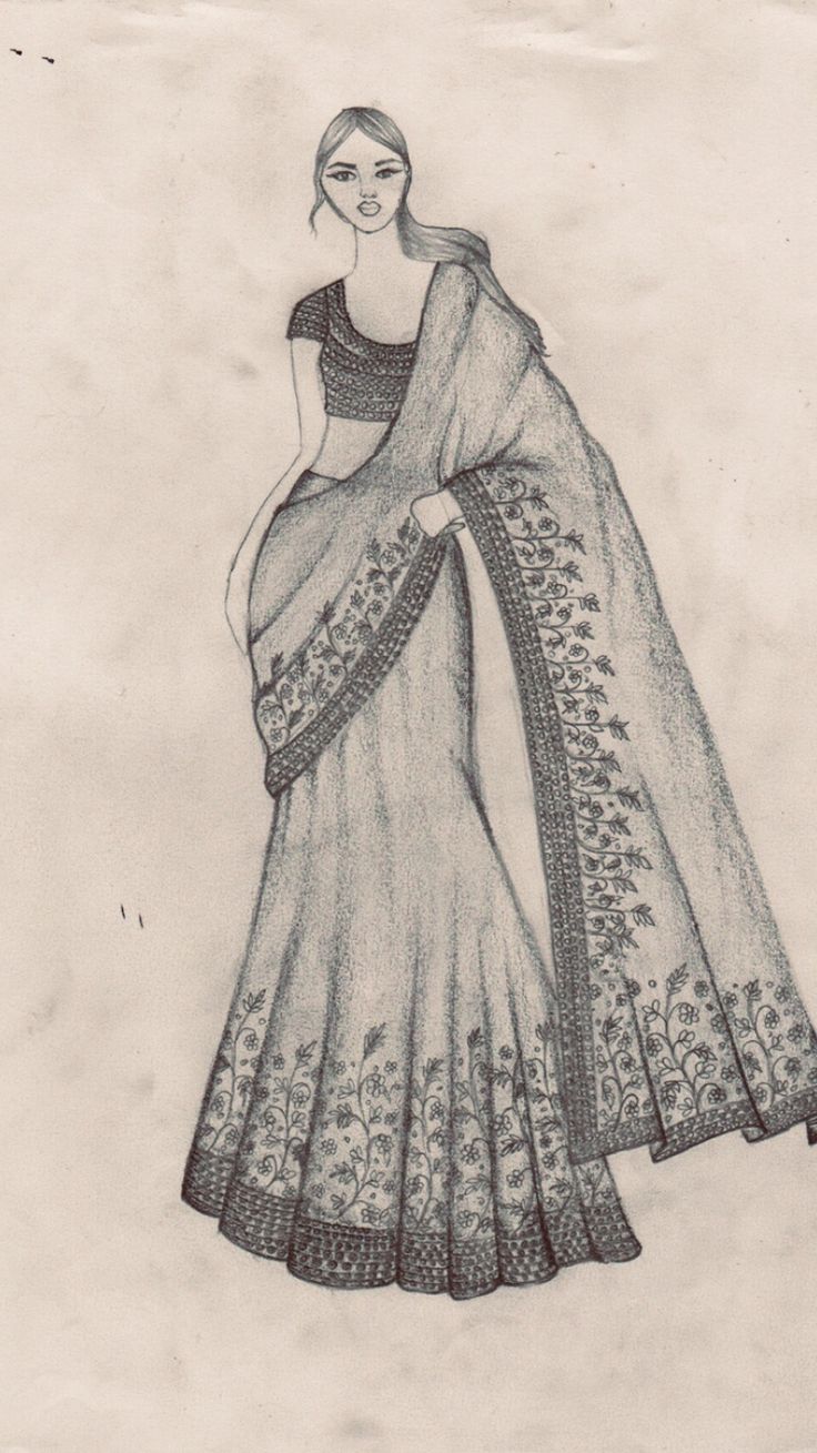 a drawing of a woman in a dress with a shawl on her head and shoulders