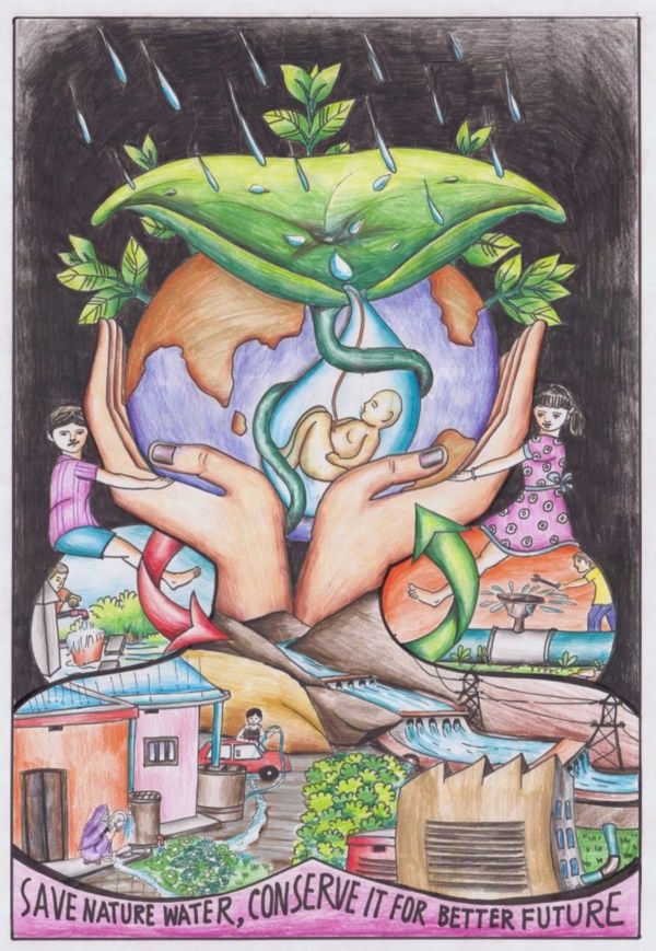 a drawing of people holding the earth in their hands with water coming out of it