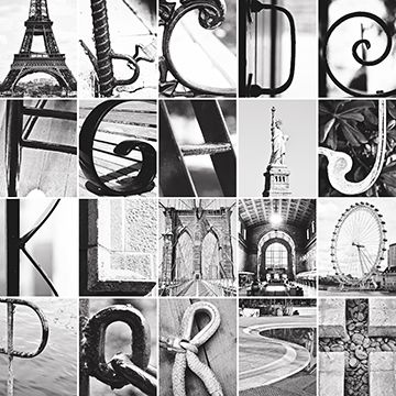 black and white photograph of letters, numbers, and other things in different styles with the eiffel tower in the background