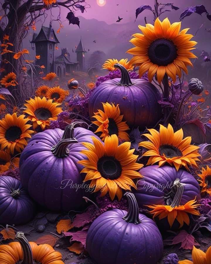 there are many pumpkins and sunflowers on the ground