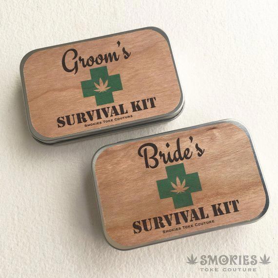 Hippie Wedding Ideas, Groom Survival Kits, Bride Survival Kit, Survival Pack, Kawaii Logo, Sour Diesel, Survival Supplies, Hippie Wedding, Survival Kits