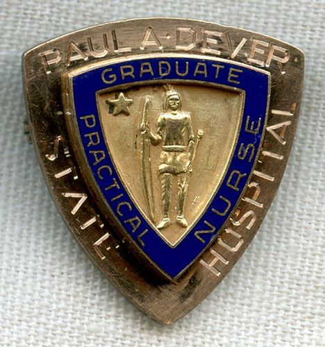 a blue and gold badge with a man on it that says graduate practical nurse university