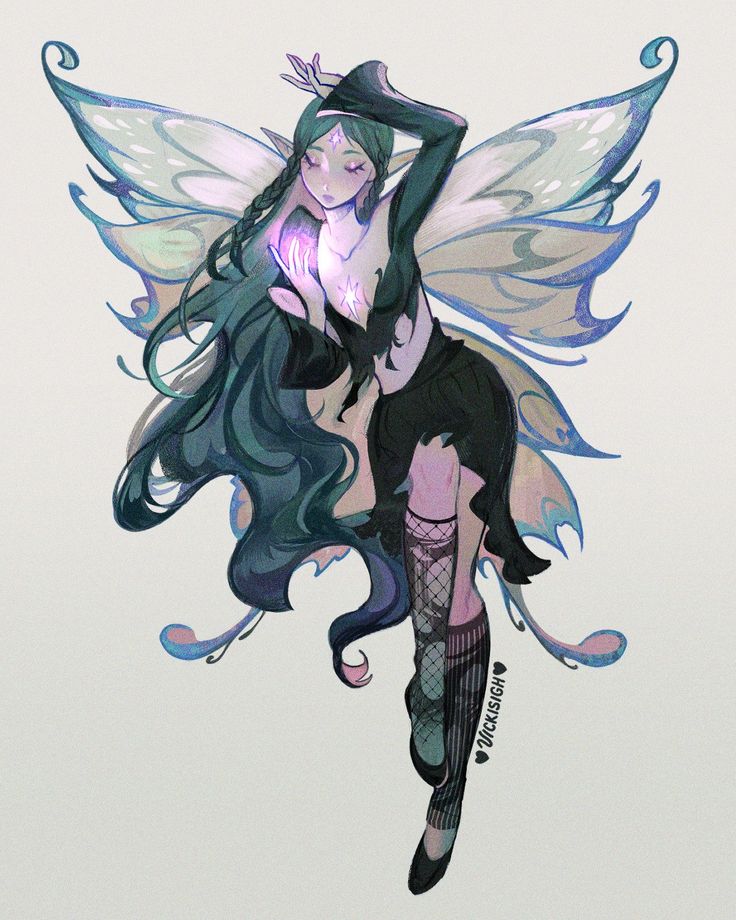 a drawing of a fairy with long hair and wings flying through the air, wearing tight stockings