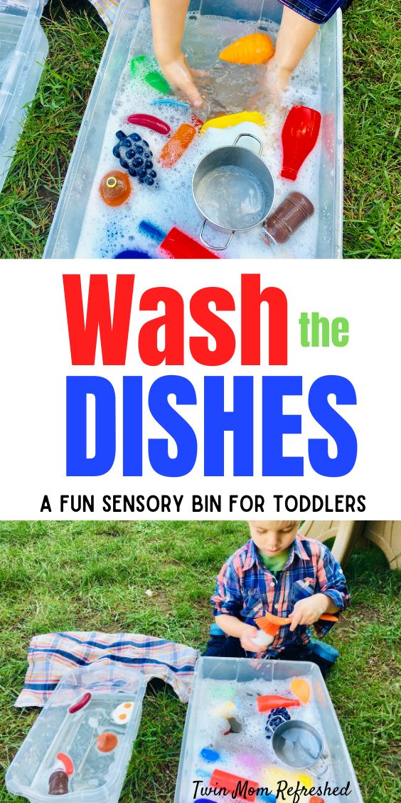 a young boy playing with the dishes in his play tray on the grass, and text overlay that reads clean the dishes