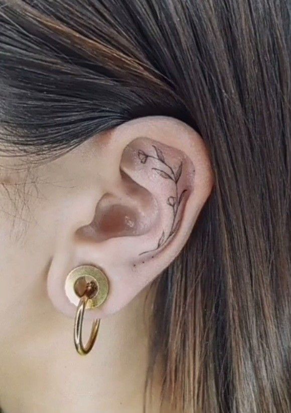 a close up of a person with ear piercings on their ears and behind the ear