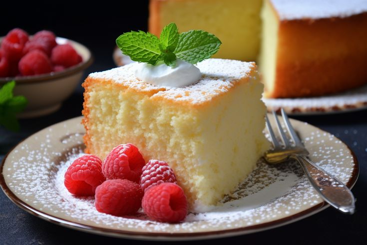 a piece of cake on a plate with raspberries