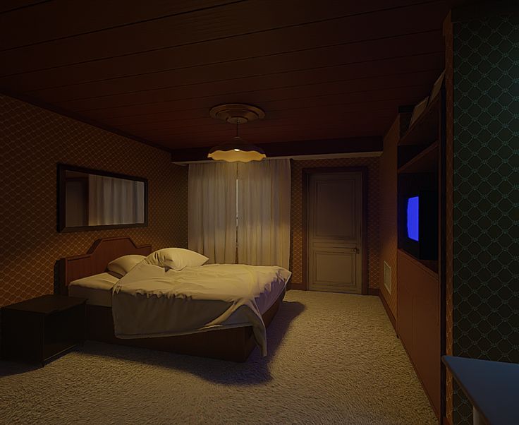 a bedroom with a bed and television in the corner, at night or early evening