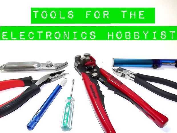 tools for the electronics hobbyist are arranged in a circle on a white background with green text