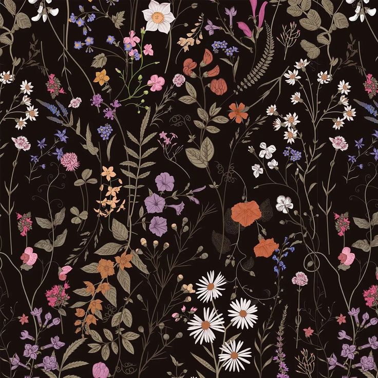 a black background with various flowers and leaves on it's sides, all in different colors