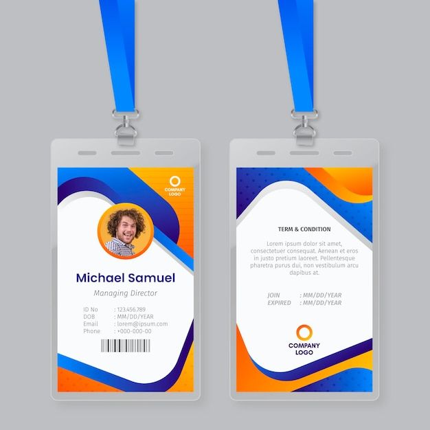 two id cards with blue and orange ribbons