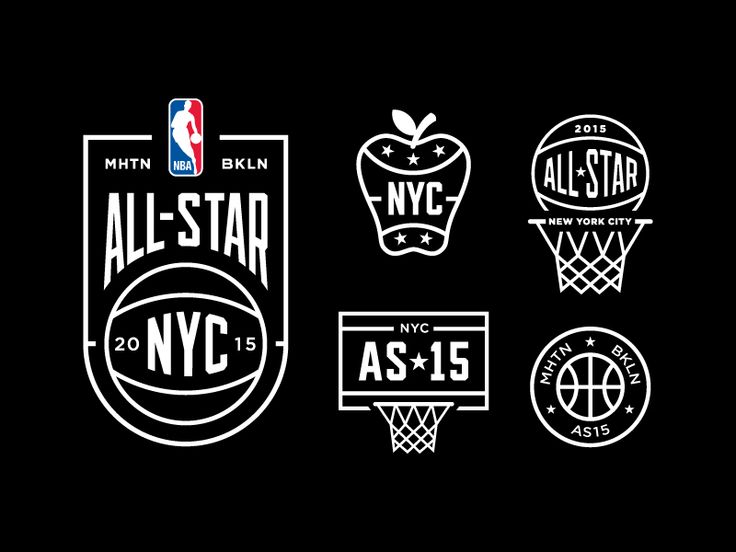 the all - star logos are shown in black and white, including an apple, basketball hoop