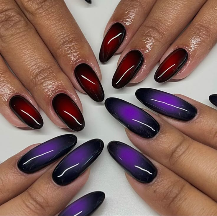 Nail Ideas For Short Almond Nails, Dark Purple And Black Ombre Nails, Red And Purple Ombre Nails, Nails Purple And Black Design, Black Red Gradient Nails, Black Red Ombre Nails Almond, Almond Nails Designs Red And Black, Red Black And Purple Nails, Purple Orange And Black Nails