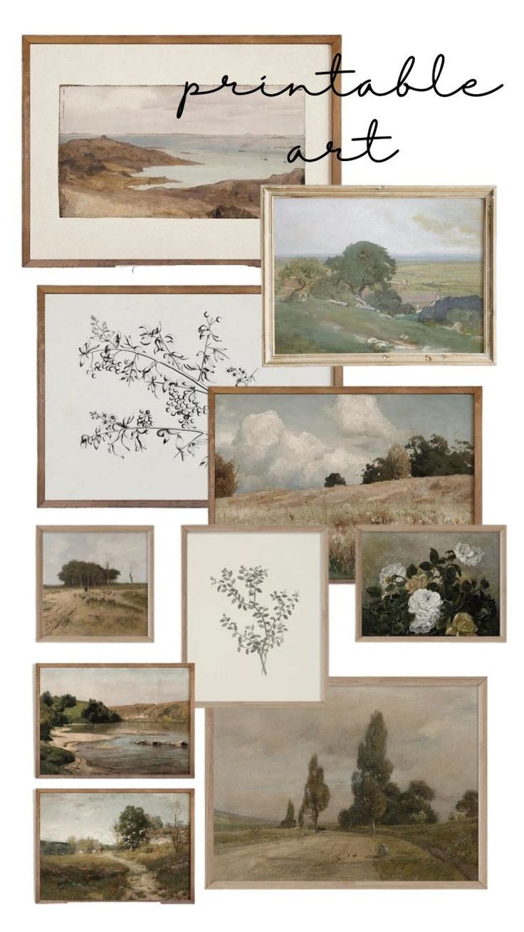 a collage of pictures with the words printable art on it and an image of trees