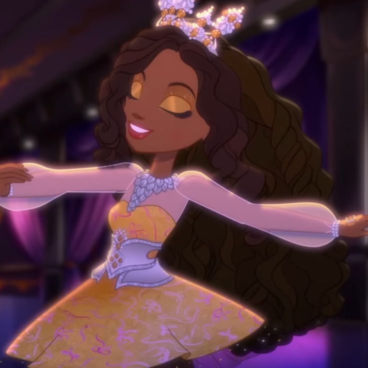 an animated image of a woman in a dress and tiara with her arms out