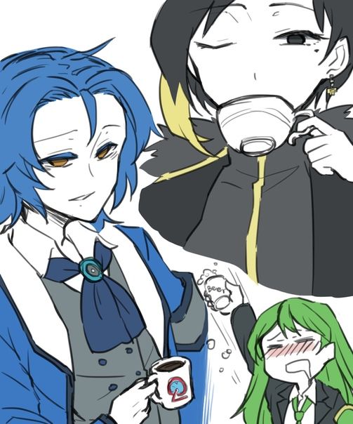 two anime characters with blue hair and one is holding a cup in her hand while the other