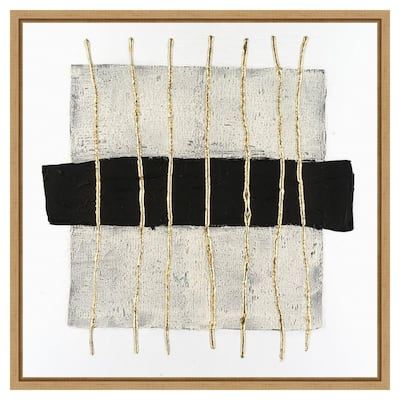 an abstract painting with black and white lines on the bottom, in a gold frame