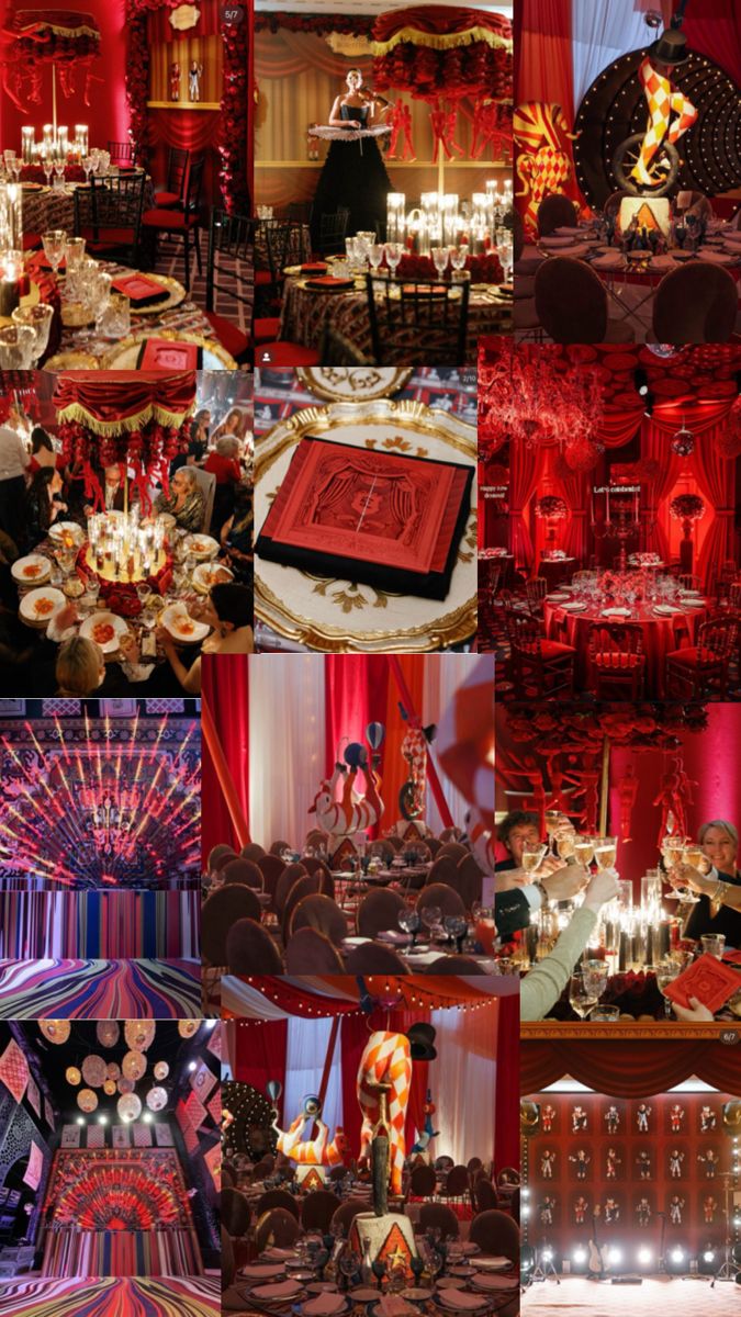 a collage of pictures with red and black decor in the middle one has a large cake on it