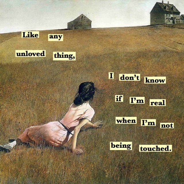 a woman sitting on top of a grass covered field next to an old house with words above her