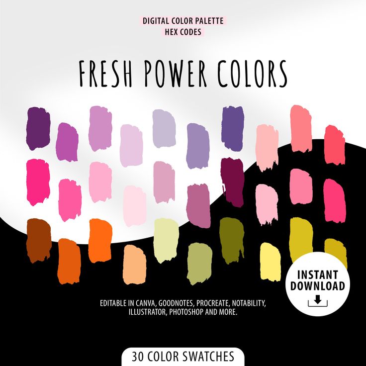 the color swatches for fresh power colors are shown in various shades and sizes, including pink