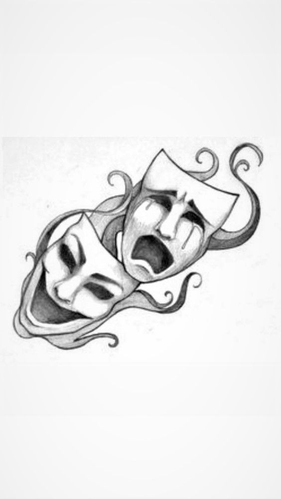 a drawing of two masks with hair blowing in the wind and eyes closed, on a white background