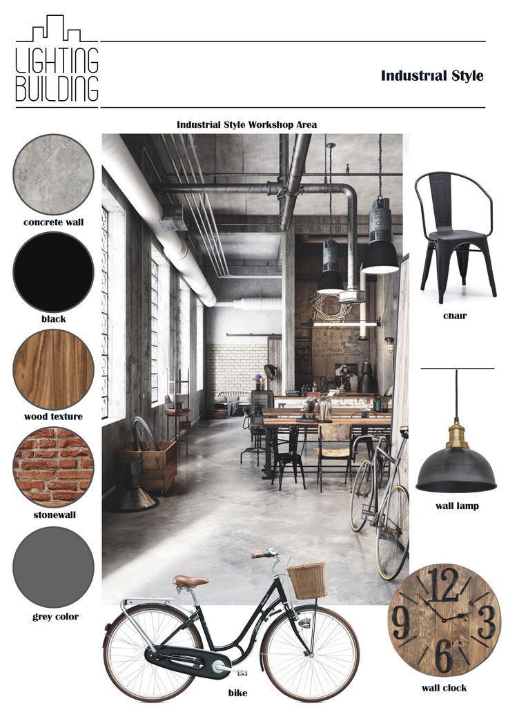 an industrial style loft with lots of furniture and decor items in the room, including a bicycle