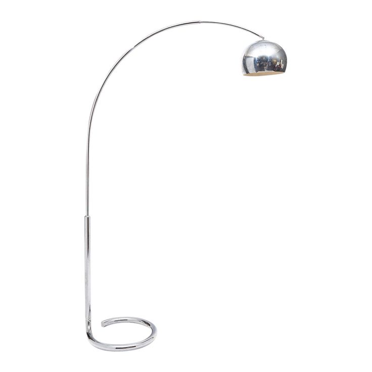 a chrome plated floor lamp with a curved arm and two lights on each side