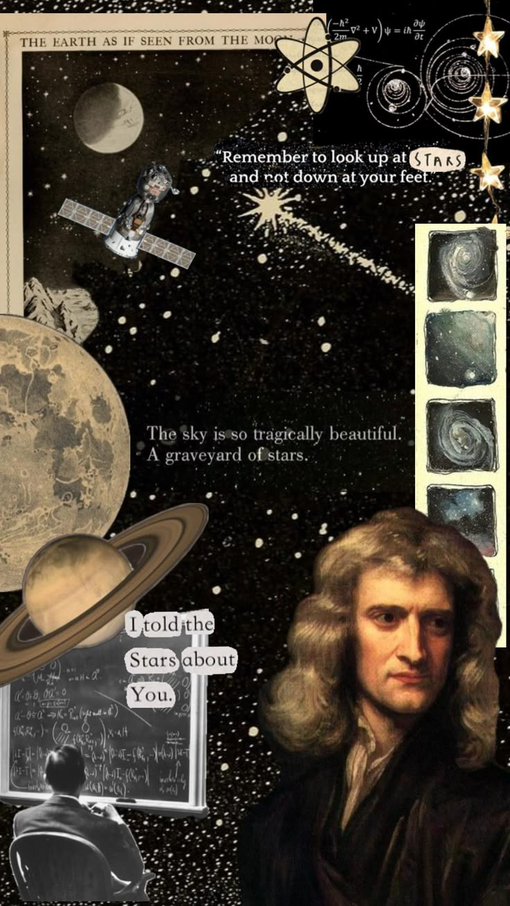 an image of a man with long hair and planets in the background, as well as text