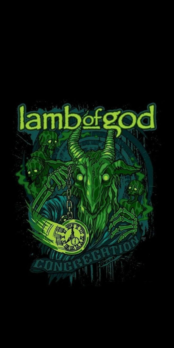 the logo for lamb of god on a black shirt with green lettering and an image of a