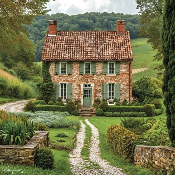 a painting of a stone house in the country side with a path leading to it