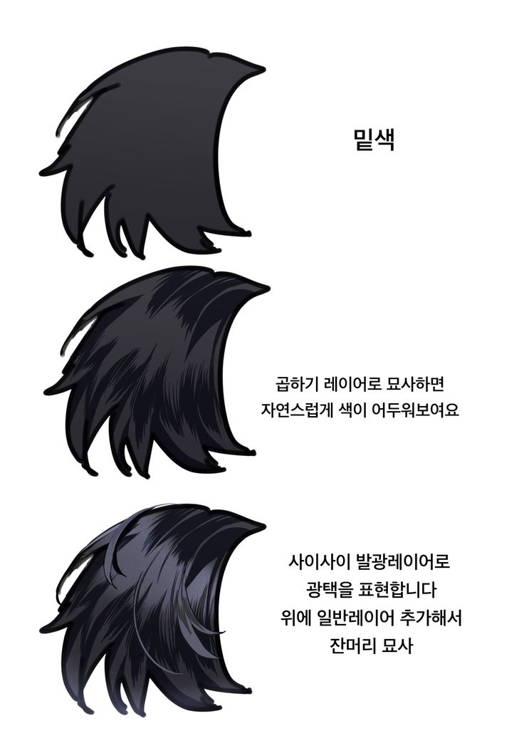 three different types of black hair are shown in this graphic style, with the same color as