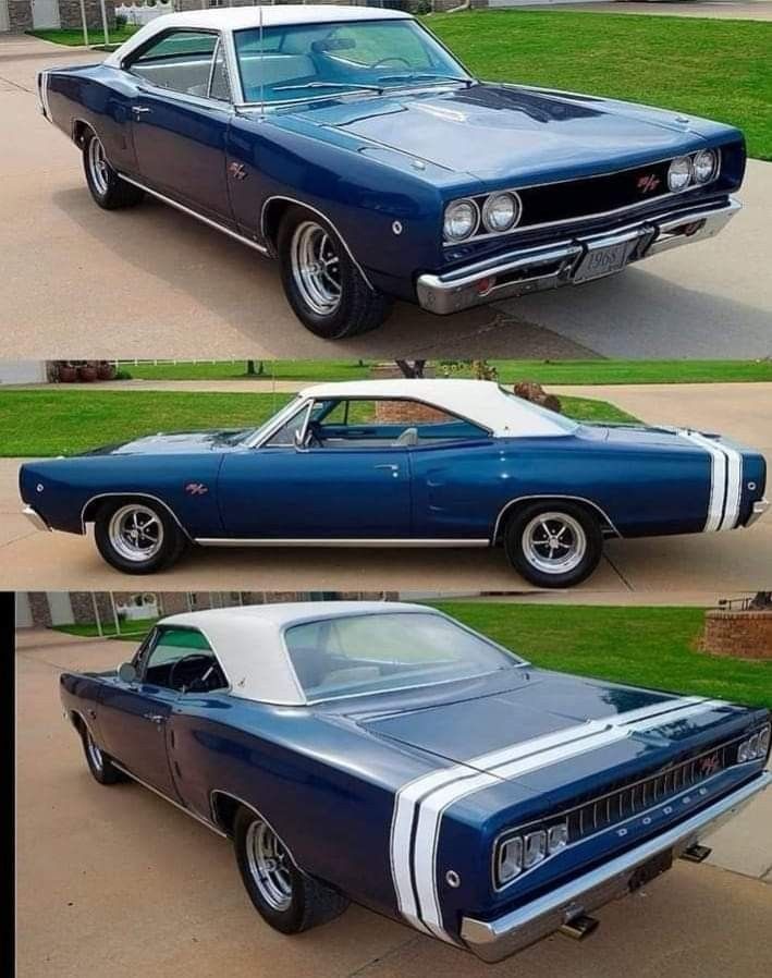 two pictures of a blue and white muscle car