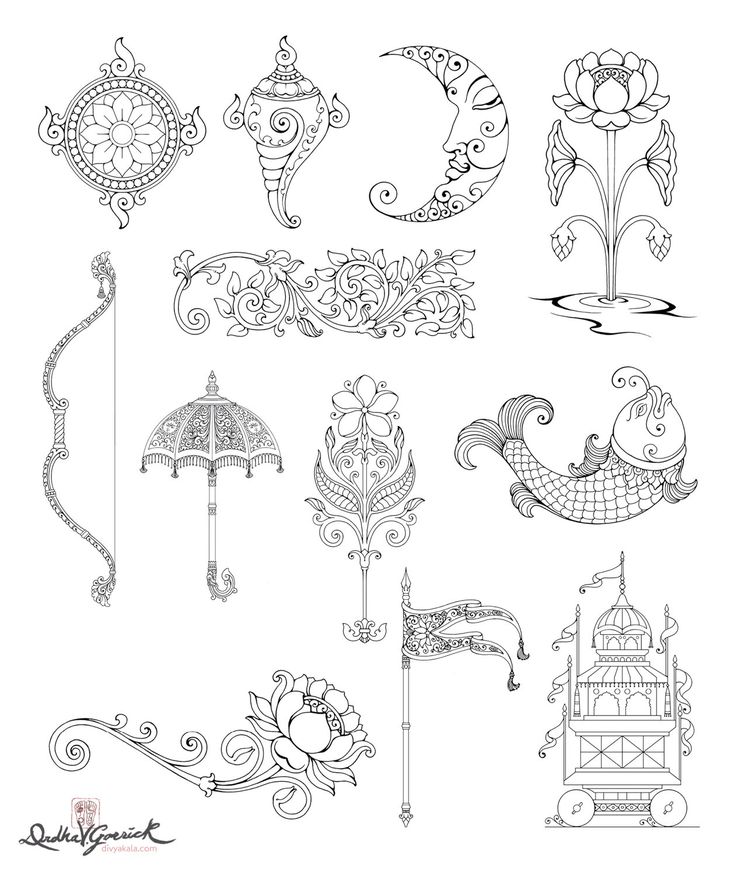 an assortment of ornate designs on white paper with black and white ink, including umbrellas