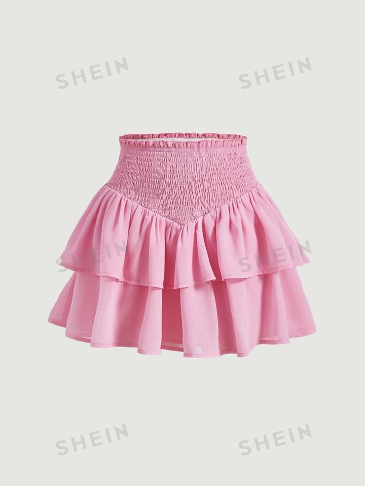 SHEIN MOD SHEIN MOD Women's Double Layer Ruffle Asymmetric Hem Shirred Waist Mini Skirt | SHEIN USA Adrette Outfits, Preppy Skirt, Smocked Skirt, Looks Party, Cute Preppy Outfits, Spring Outfits Women, Hem Skirt, Pink Skirt, Cute Skirts