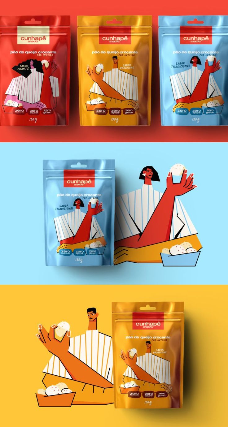 three bags of food are shown in different colors