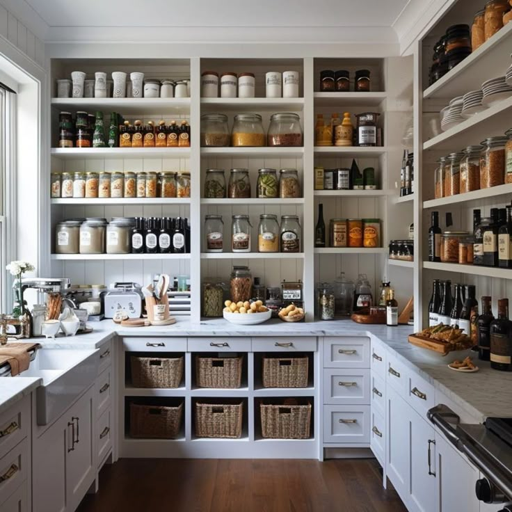 a kitchen filled with lots of white cupboards and shelves covered in jars, containers and pans