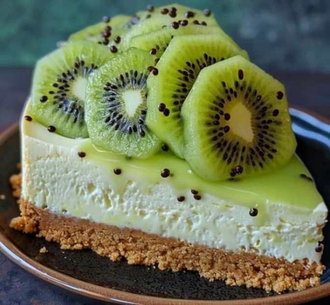 a piece of cheesecake with kiwi slices on top