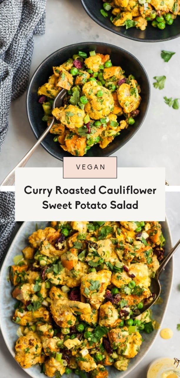 two bowls filled with curry roasted cauliflower and peas