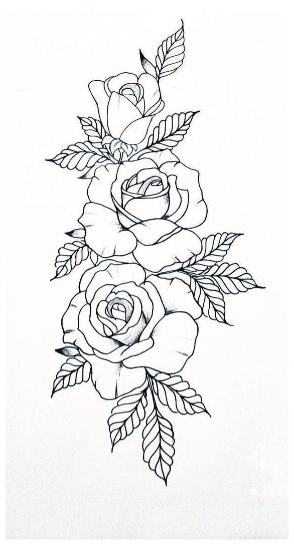 a black and white drawing of roses with leaves