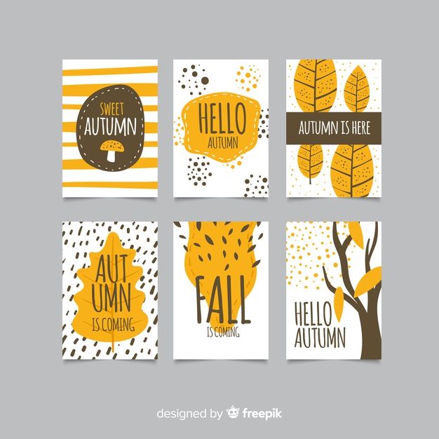 four different autumn cards with trees and leaves in yellow, black and white colors on them