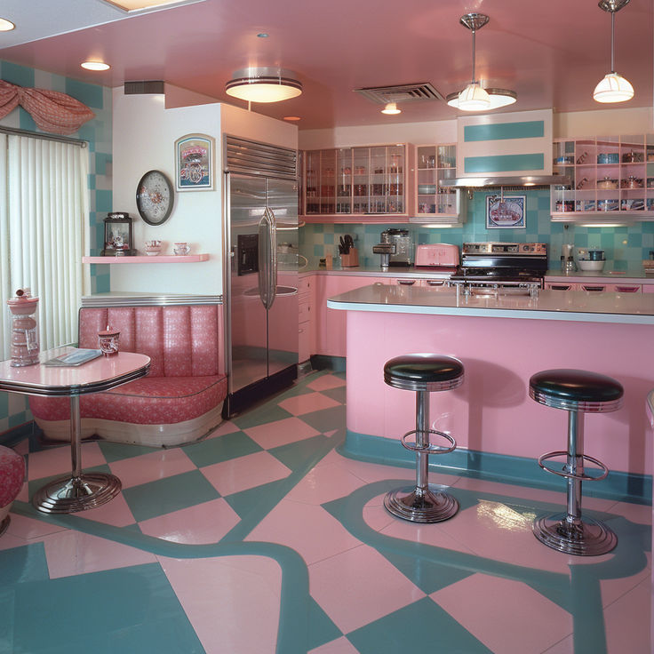 a pink and blue kitchen with checkered flooring